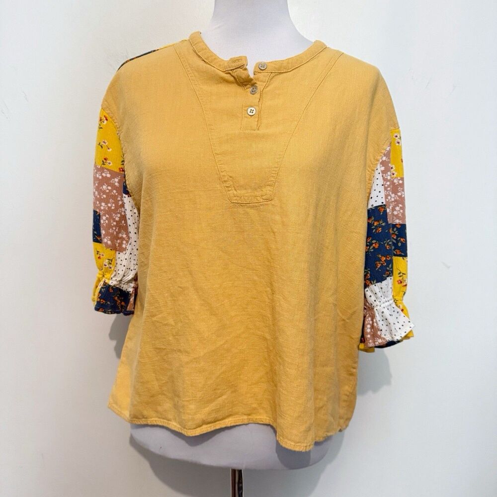 Umgee Womens Top M Yellow Patchwork Mixed Media Floral Roll Edge Boho Cottage
